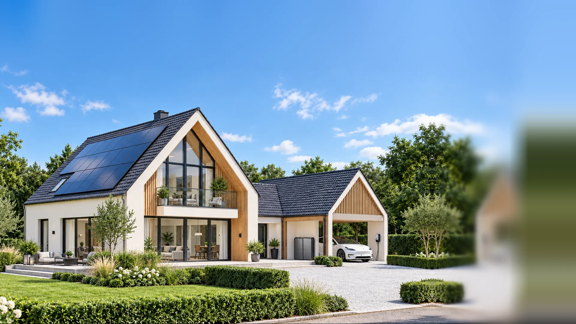 Fotorealistisches Einfamilienhaus mit Solarmodulen, Wechselrichter, Speicher, Wallbox und Stromnetz, Szene Mittag: Die Sonne versorgt Ihr Zuhause. Orange Linien zeigen, wohin der Strom gerade fließt.
