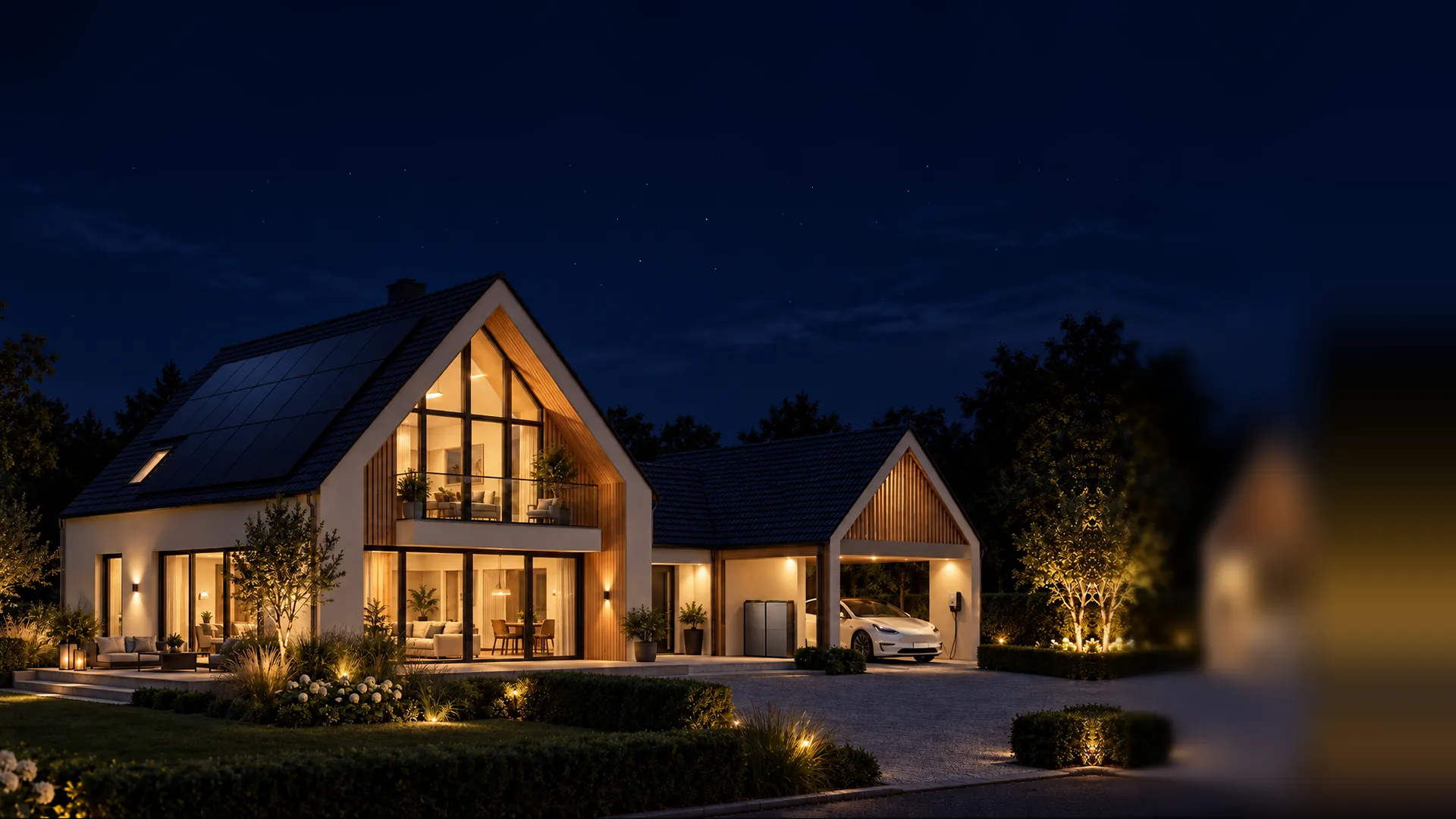 Fotorealistisches Einfamilienhaus mit Solarmodulen, Wechselrichter, Speicher, Wallbox und Stromnetz, Szene Nacht: Der Speicher versorgt das Haus. Orange Linien zeigen, wohin der Strom gerade fließt.
